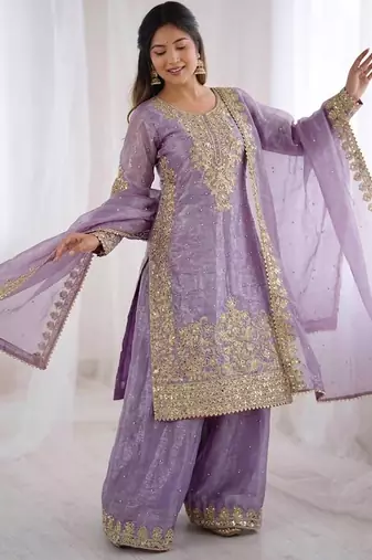 New stylish  lavender organza sharara set with heavy zari embroidery