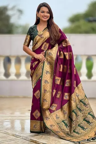 Festive wine banarasi silk blend saree with colorful meenakari border