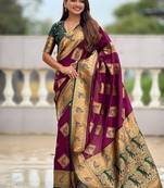 Festive wine banarasi silk blend saree with colorful meenakari border