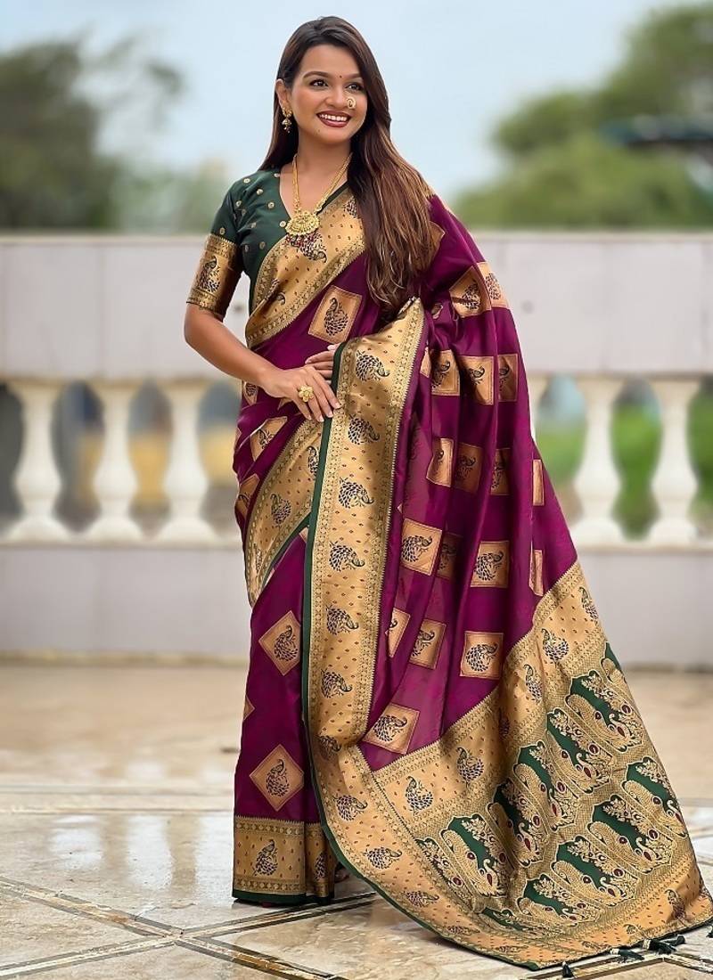 Festive wine banarasi silk blend saree with colorful meenakari border