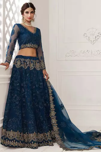 Persian Blue Bridal Lehenga with Zari Embroidery and Heavy Work