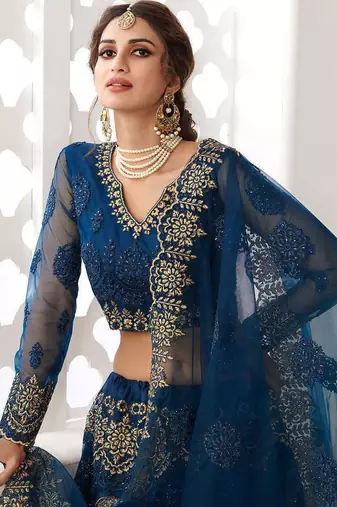 Persian Blue Bridal Lehenga with Zari Embroidery and Heavy Work