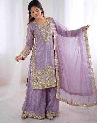 New stylish  lavender organza sharara set with heavy zari embroidery 3