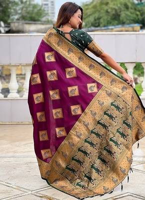 Festive wine banarasi silk blend saree with colorful meenakari border 2