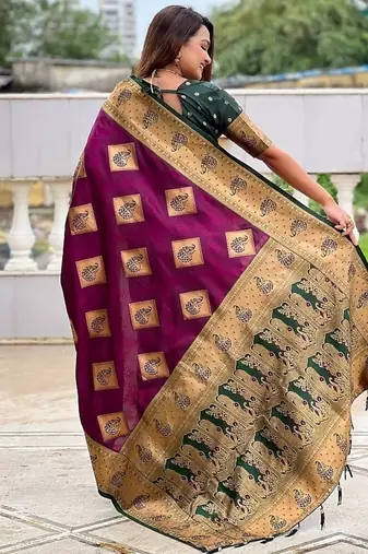 Festive wine banarasi silk blend saree with colorful meenakari border