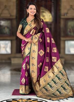 Festive wine banarasi silk blend saree with colorful meenakari border 3