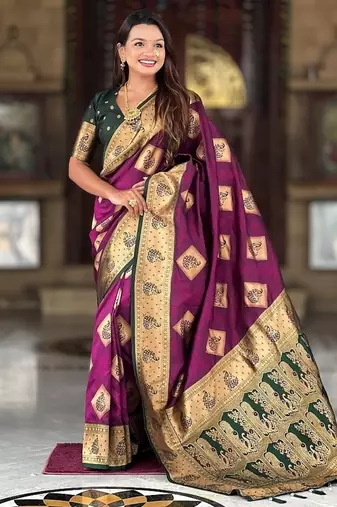 Festive wine banarasi silk blend saree with colorful meenakari border