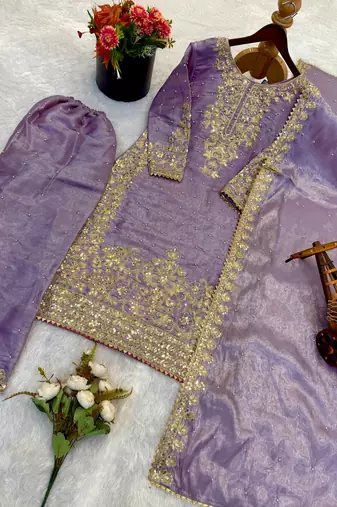 New stylish  lavender organza sharara set with heavy zari embroidery