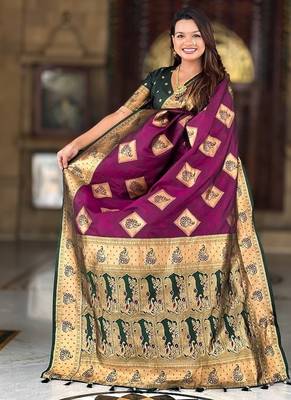 Festive wine banarasi silk blend saree with colorful meenakari border 4