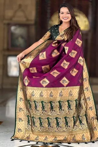 Festive wine banarasi silk blend saree with colorful meenakari border
