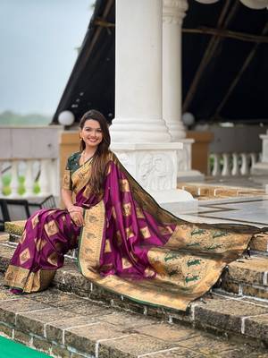 Festive wine banarasi silk blend saree with colorful meenakari border 5