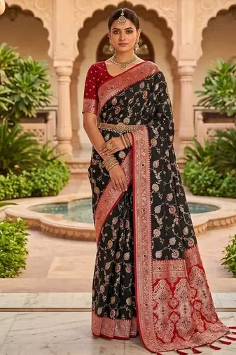 Festive black banarasi silk blend saree with colorful meenakari border
