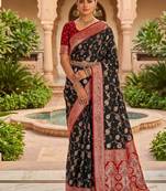 Festive black banarasi silk blend saree with colorful meenakari border