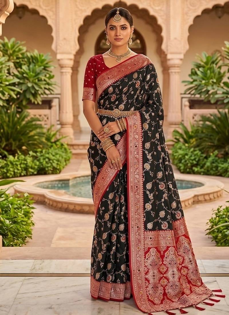 Festive black banarasi silk blend saree with colorful meenakari border