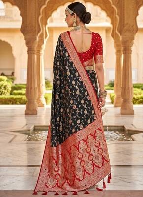 Festive black banarasi silk blend saree with colorful meenakari border 2