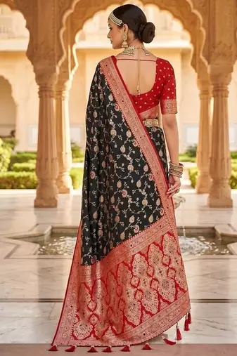 Festive black banarasi silk blend saree with colorful meenakari border