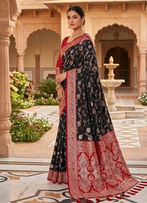 Festive black banarasi silk blend saree with colorful meenakari border 3