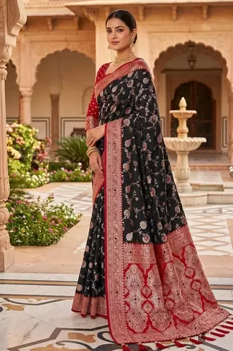 Festive black banarasi silk blend saree with colorful meenakari border