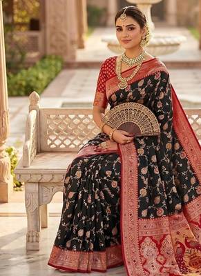 Festive black banarasi silk blend saree with colorful meenakari border 4