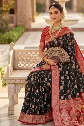 Festive black banarasi silk blend saree with colorful meenakari border