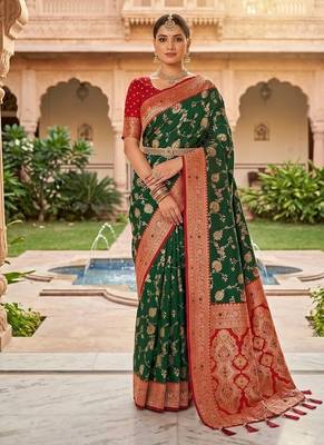 Festive darkgreen banarasi silk blend saree with colorful meenakari border 1