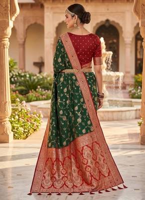 Festive darkgreen banarasi silk blend saree with colorful meenakari border 2