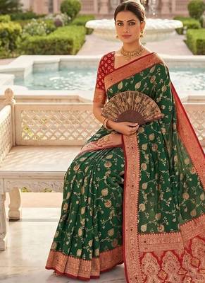 Festive darkgreen banarasi silk blend saree with colorful meenakari border 4