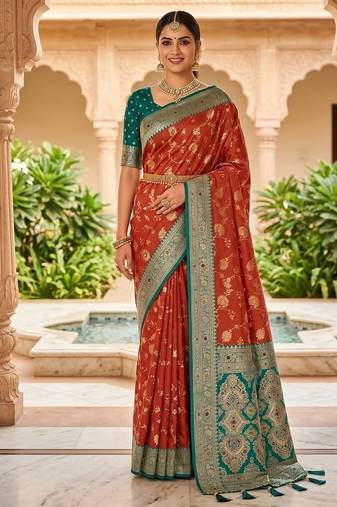 Festive gajari banarasi silk blend saree with colorful meenakari border
