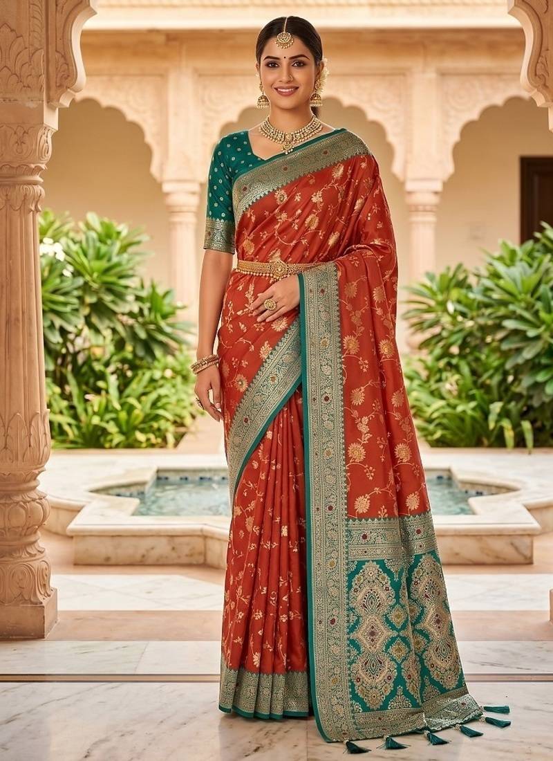 Festive gajari banarasi silk blend saree with colorful meenakari border