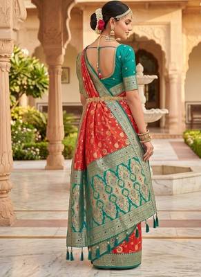 Festive gajari banarasi silk blend saree with colorful meenakari border 2
