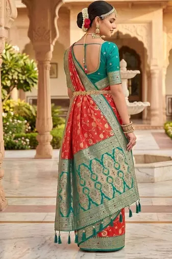 Festive gajari banarasi silk blend saree with colorful meenakari border