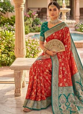 Festive gajari banarasi silk blend saree with colorful meenakari border 4