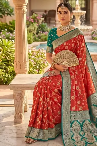 Festive gajari banarasi silk blend saree with colorful meenakari border