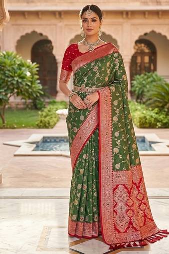 Festive mehendi banarasi silk blend saree with colorful meenakari border