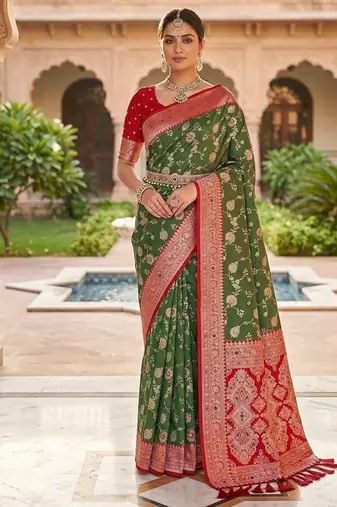 Festive mehendi banarasi silk blend saree with colorful meenakari border