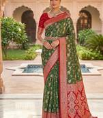 Festive mehendi banarasi silk blend saree with colorful meenakari border