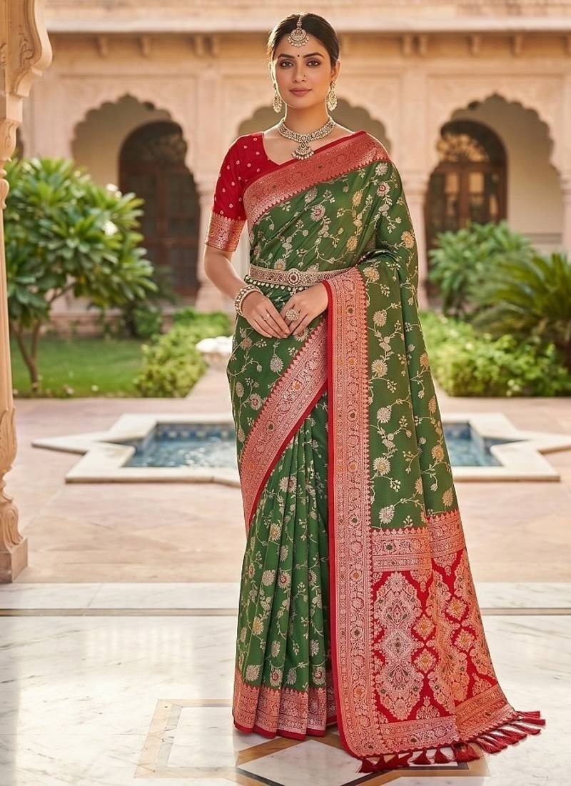 Festive mehendi banarasi silk blend saree with colorful meenakari border