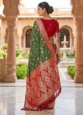 Festive mehendi banarasi silk blend saree with colorful meenakari border 2