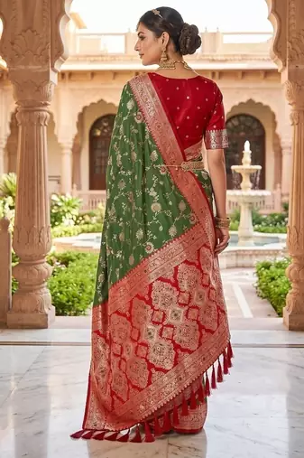 Festive mehendi banarasi silk blend saree with colorful meenakari border