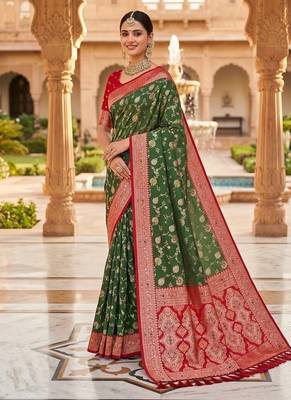 Festive mehendi banarasi silk blend saree with colorful meenakari border 3