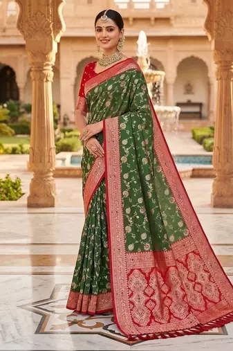 Festive mehendi banarasi silk blend saree with colorful meenakari border