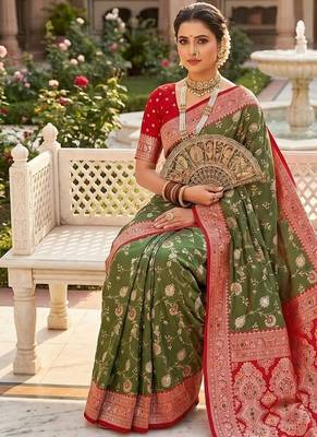 Festive mehendi banarasi silk blend saree with colorful meenakari border 4