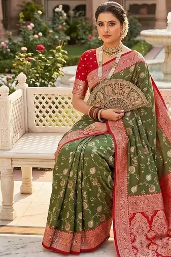 Festive mehendi banarasi silk blend saree with colorful meenakari border