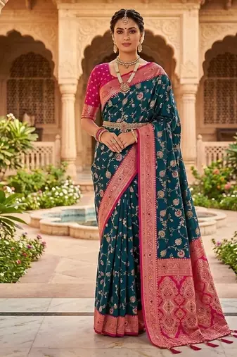 Festive teal banarasi silk blend saree with colorful meenakari border