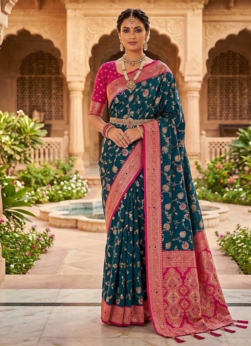 Festive teal banarasi silk blend saree with colorful meenakari border
