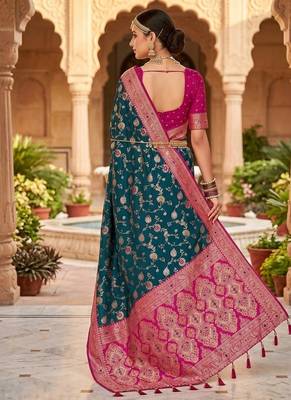 Festive teal banarasi silk blend saree with colorful meenakari border 2