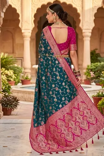 Festive teal banarasi silk blend saree with colorful meenakari border