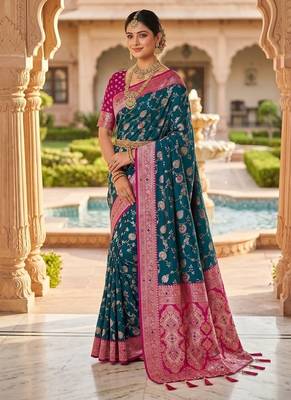Festive teal banarasi silk blend saree with colorful meenakari border 3