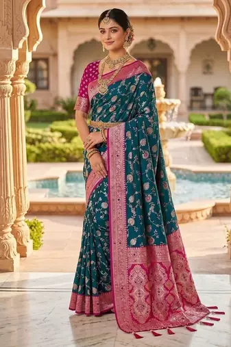 Festive teal banarasi silk blend saree with colorful meenakari border