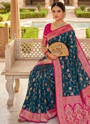 Festive teal banarasi silk blend saree with colorful meenakari border 4